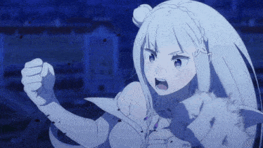 a girl with white hair is making a fist
