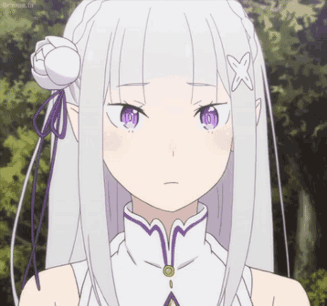 a girl with white hair and purple eyes has an x on her head