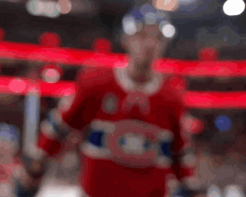 a blurry picture of a hockey player wearing a red jersey