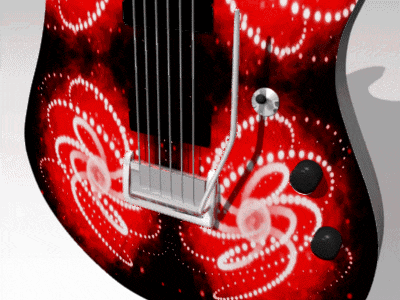 a close up of a red guitar with white flowers on it