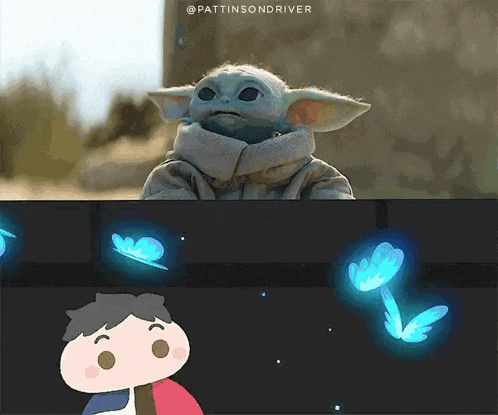 a cartoon of a baby yoda and a boy with glowing butterflies behind them