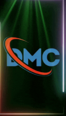 a blue and pink logo that says dmc on a dark background