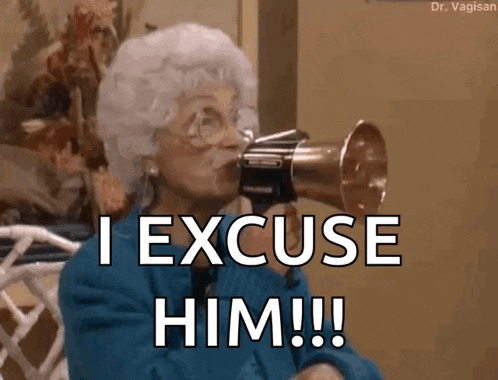 an elderly woman is holding a megaphone in her mouth and saying i excuse him