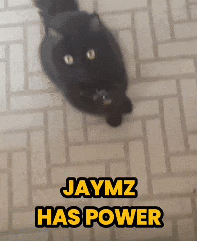a black cat laying on a tiled floor with the words " jaymz has power " below it