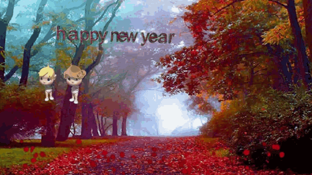 a painting of a forest with the words " happy new year " on the bottom