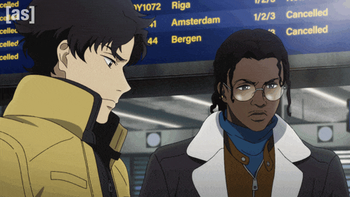 two men are standing in front of a blue sign that says riga amsterdam and bergen