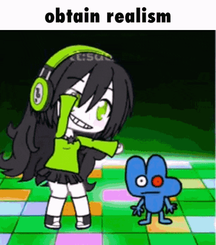 a cartoon girl wearing headphones is dancing next to a blue four .