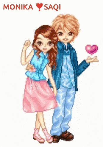 a pixel art of a boy and a girl with the name monika on the bottom right