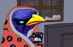 a cartoon bird is wrapped in a blanket and holding a mug that says mighty raven