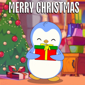 a penguin is holding a gift box and says merry christmas