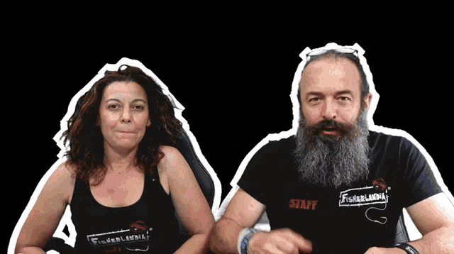 a man with a beard and a woman with a tank top that says staff