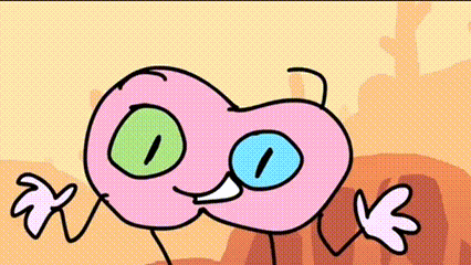 a pink cartoon character with green eyes and white gloves is waving .