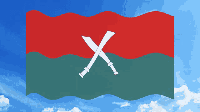 a red green and white flag with two crossed swords