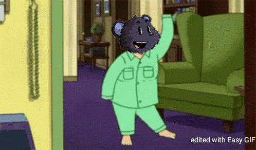 a cartoon of a teddy bear in a living room with the words edited with easy gif below it
