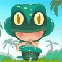 a cartoon frog with big yellow eyes is standing in the grass with palm trees in the background .