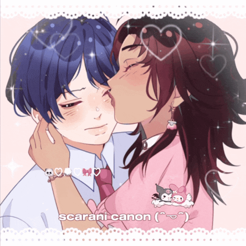 a drawing of a girl kissing a boy with scarani canon written on the bottom right