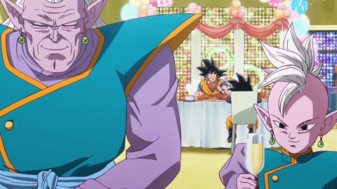 a couple of cartoon characters standing next to each other one of whom is holding a glass of champagne