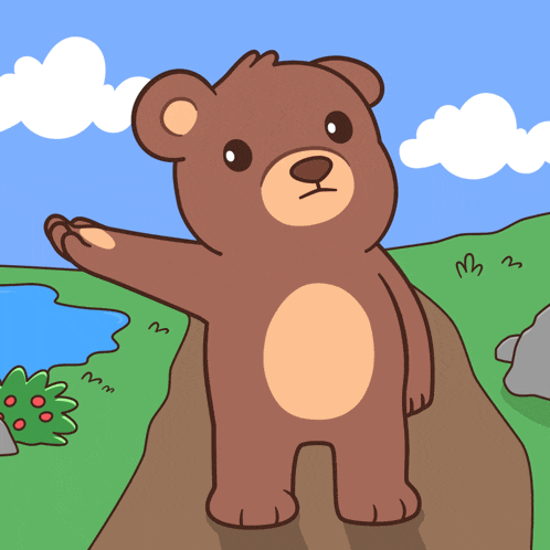 a cartoon drawing of a teddy bear standing on a dirt path