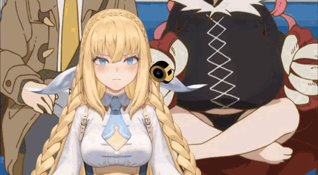 a girl with blonde hair and blue eyes is sitting in front of a man