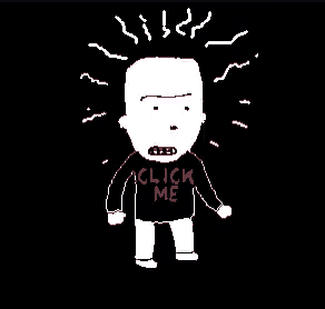 a pixel art drawing of a person wearing a shirt that says click me