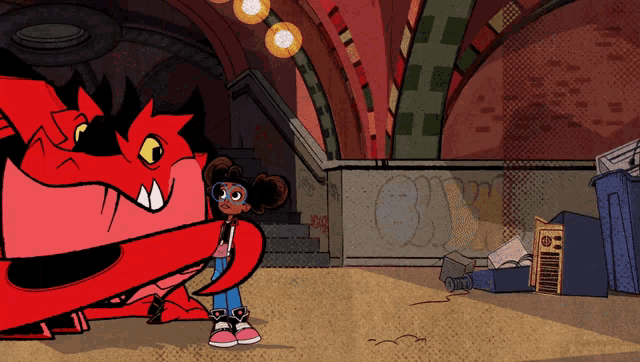 a cartoon of a girl standing next to a red monster with graffiti on the wall