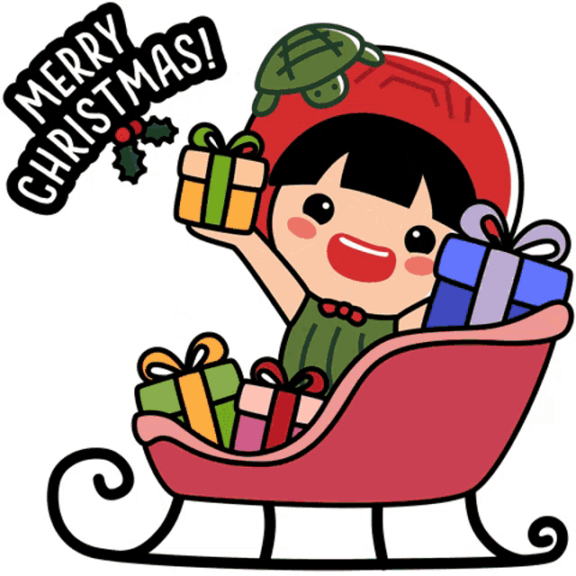 a cartoon of a girl in a sleigh with merry christmas written on the bottom