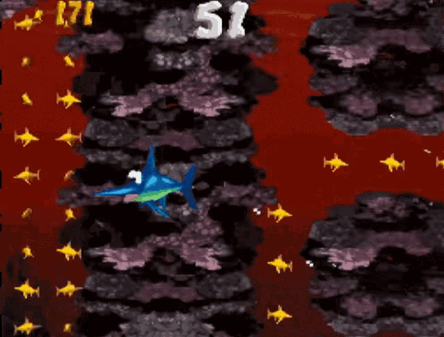 a blue shark is surrounded by yellow fish and the number 50 is on a red background