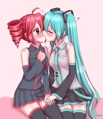 a drawing of hatsune miku kissing a red haired girl