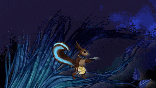 a drawing of a squirrel holding a plate in a dark forest