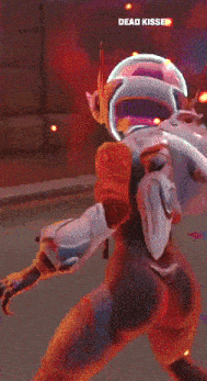 a video game character with the words dead kisses on the bottom left