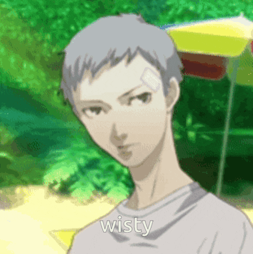 a man with a bandage on his forehead is standing in front of a yellow umbrella and the word wisty is visible