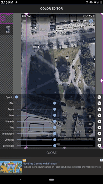 an aerial view of a park is being edited in a color editor app
