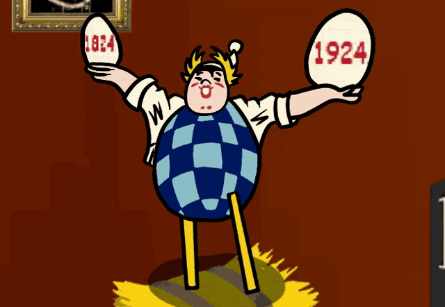 a cartoon drawing of a man holding two eggs one of which says 1924