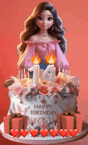 a doll is standing on top of a birthday cake with candles and flowers .