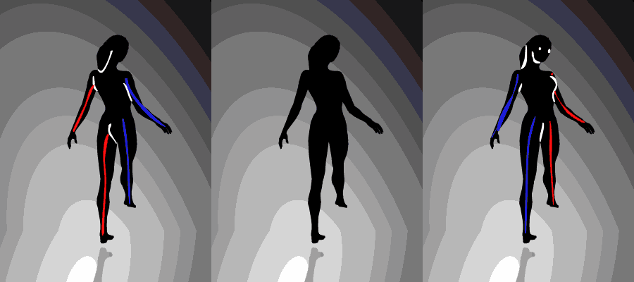 three silhouettes of a woman with red and blue blood vessels