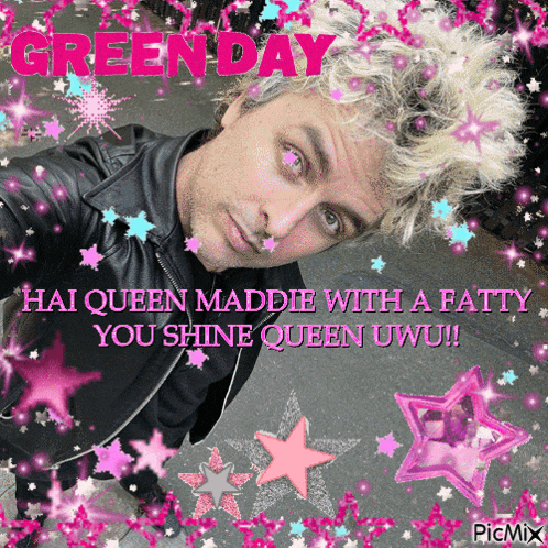 a green day poster with a man in a leather jacket