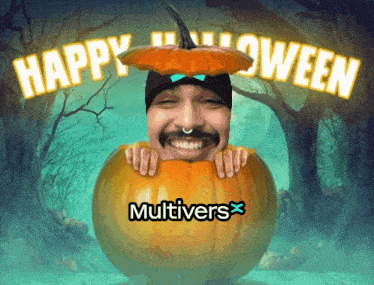 a man is peeking out of a pumpkin and says happy halloween