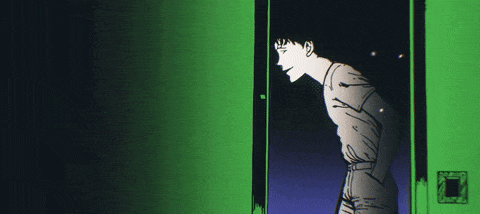 a drawing of a man in a green doorway