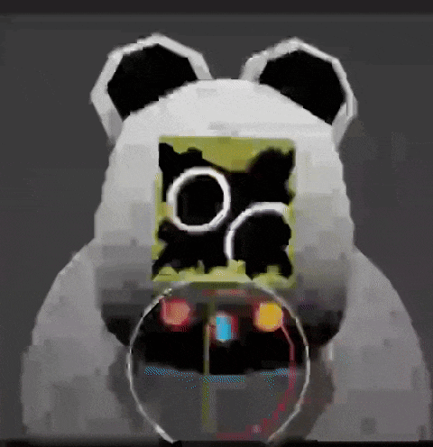 a white teddy bear with a black and yellow face and a bubble in its mouth .