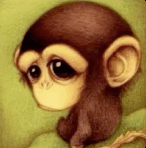 a painting of a baby monkey with big eyes sitting on a green surface .