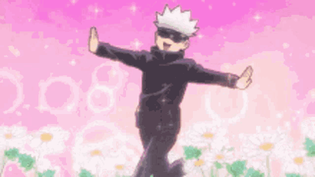 a cartoon character is running in a field of flowers with his arms outstretched .