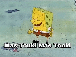 a cartoon of spongebob squarepants laughing with the words `` mas toniki mas toniki '' written on the bottom .