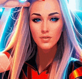 a woman with long blonde hair and blue eyes is wearing a red and black superhero costume .