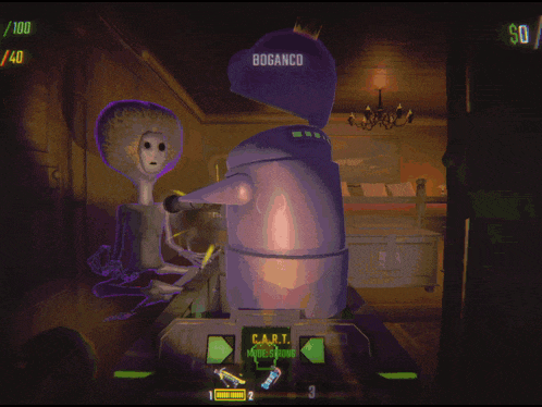a video game shows a robot with the word boganco on its head