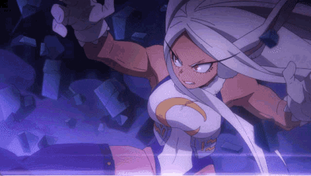 a cartoon character with a crescent moon on her chest is fighting against a wall