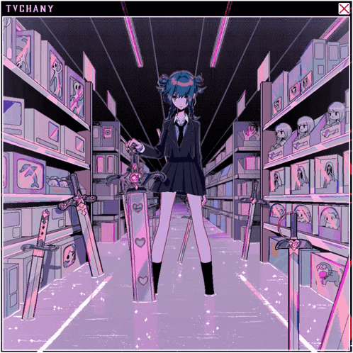 a drawing of a girl holding a sword with the name tychany written on it