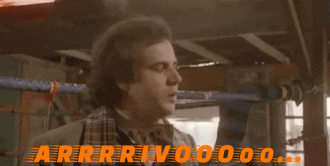 an animated image of a man screaming with the words arrivo written in orange
