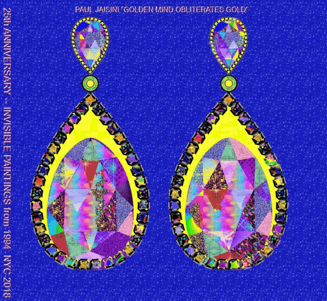 a pair of earrings on a blue background with the words paul jagini golden mind obliterates gold