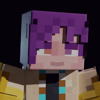 a close up of a minecraft character with purple hair and blue eyes
