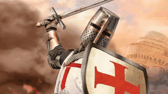 a knight is holding a sword and shield with the letter t on it